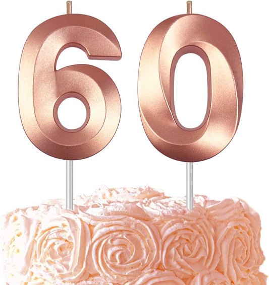 Rose Gold Number 60 Candles, 3D Diamond 2.76 Inch Cake Topper Birthday Candles for Wedding Anniversary Cake Decorations, Happy Birthday Party Decorations