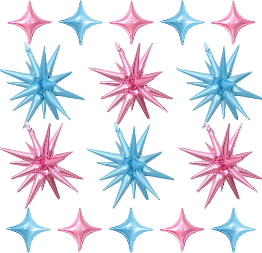Pink Blue Star Balloon,6Pcs 22Inch Explosion Star Balloons and 10Pcs 10Inch Four Angle Balloons Kit for Gender Reveal Birthday Anniversary Baby Shower Wedding Party Decorations