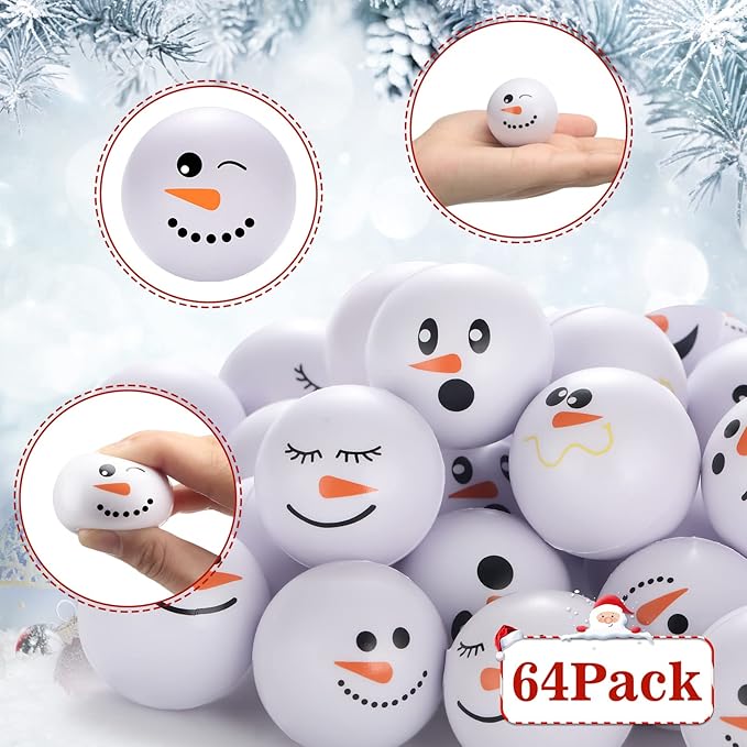 Zhanmai 32 Pcs Winter Snowmen Stress Balls Bulk Small Snowball Face Toys Relief Squeeze Sets for Winter Party Gifts Goodie Bag Fillers Holiday Decorations (1.6 Inch)