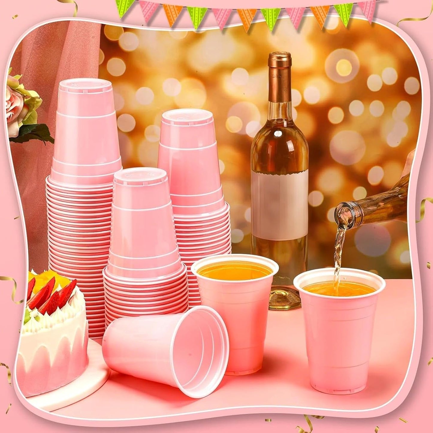 Lounsweer 100 Pack 16 Ounce Christmas Plastic Party Cups Disposable Heavy Duty Drinking Water Cups for Holiday Christmas Festival Wedding New Year Birthday Party Supplies(Light Pink)