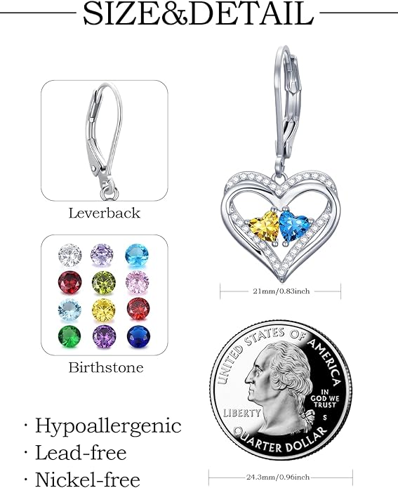 Valentines Day Gifts for Women, Heart Leverback Earrings Double Birthstone Dangle Earrings for Women, Love Jewelry for Her, Anniversary Birthday Gift for Mom Wife Girlfriend