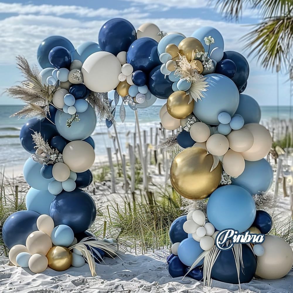 Navy Blue Balloon Garland Double Stuffed Dusty Blue Gold White Sand Balloons Beige Cream Metallic Latex Arch Kit for Neutral Baby Shower Gender Reveal Birthday Wedding Graduation Party Decorations