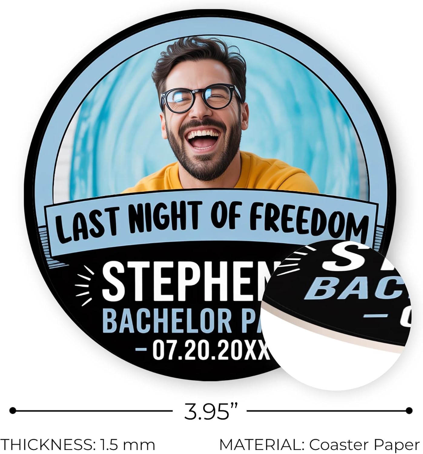 60 Pack Personalized Bachelor Party Coasters, Custom Cardboard Drink Coasters with Photo Print and Text, Fun Bachelor Party Favors and Gifts, 3.95" Round, Design 3