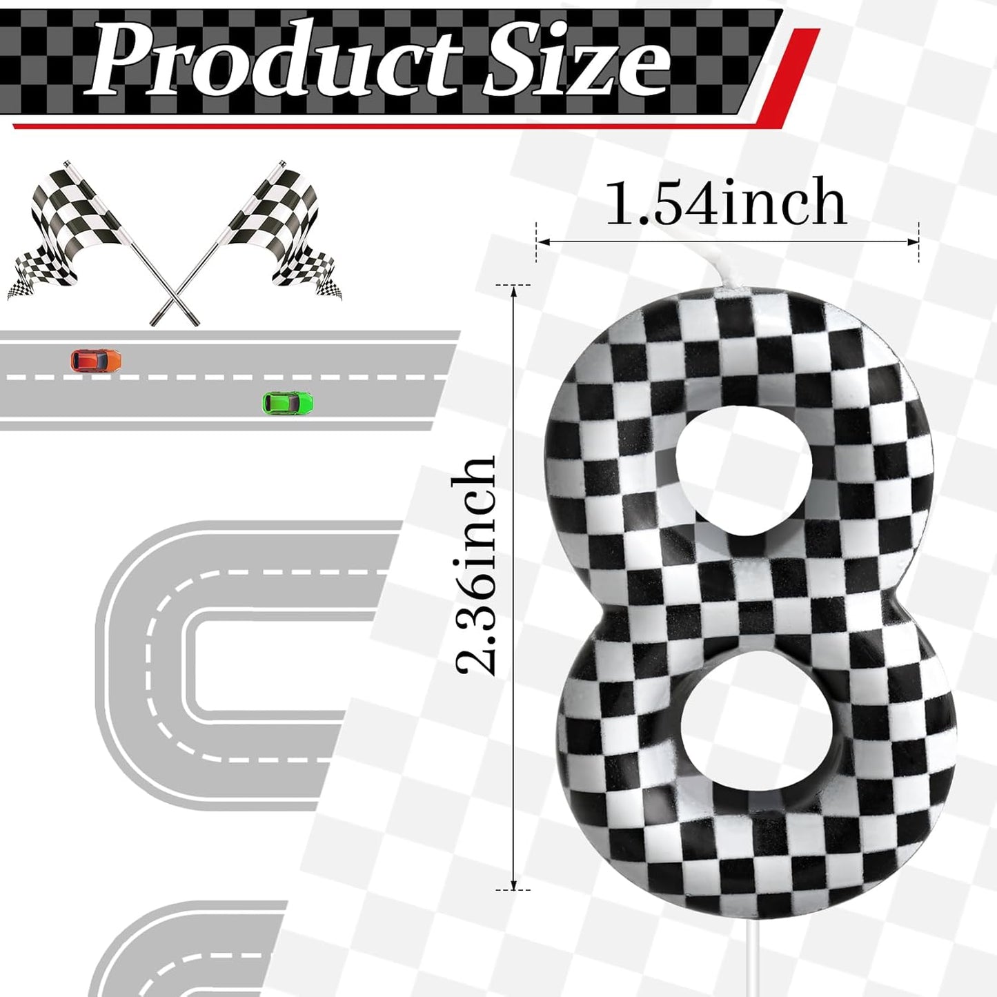 Racing Cars Themed Birthday Candle Number 8 Checkered Candle Birthday Party Decoration Cake Topper for Racing Car Party Decoration Theme Party Supplies (Number 8)