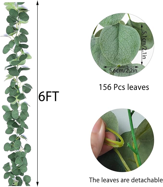 2 Pack Artificial Eucalyptus Garland, 6' Faux Silk Leaf Silver Dollar Eucalyptus Leaves Vines Handmade Garland Wedding Backdrop Arch Wall Decor, Green Garlands for Home Decor (A)