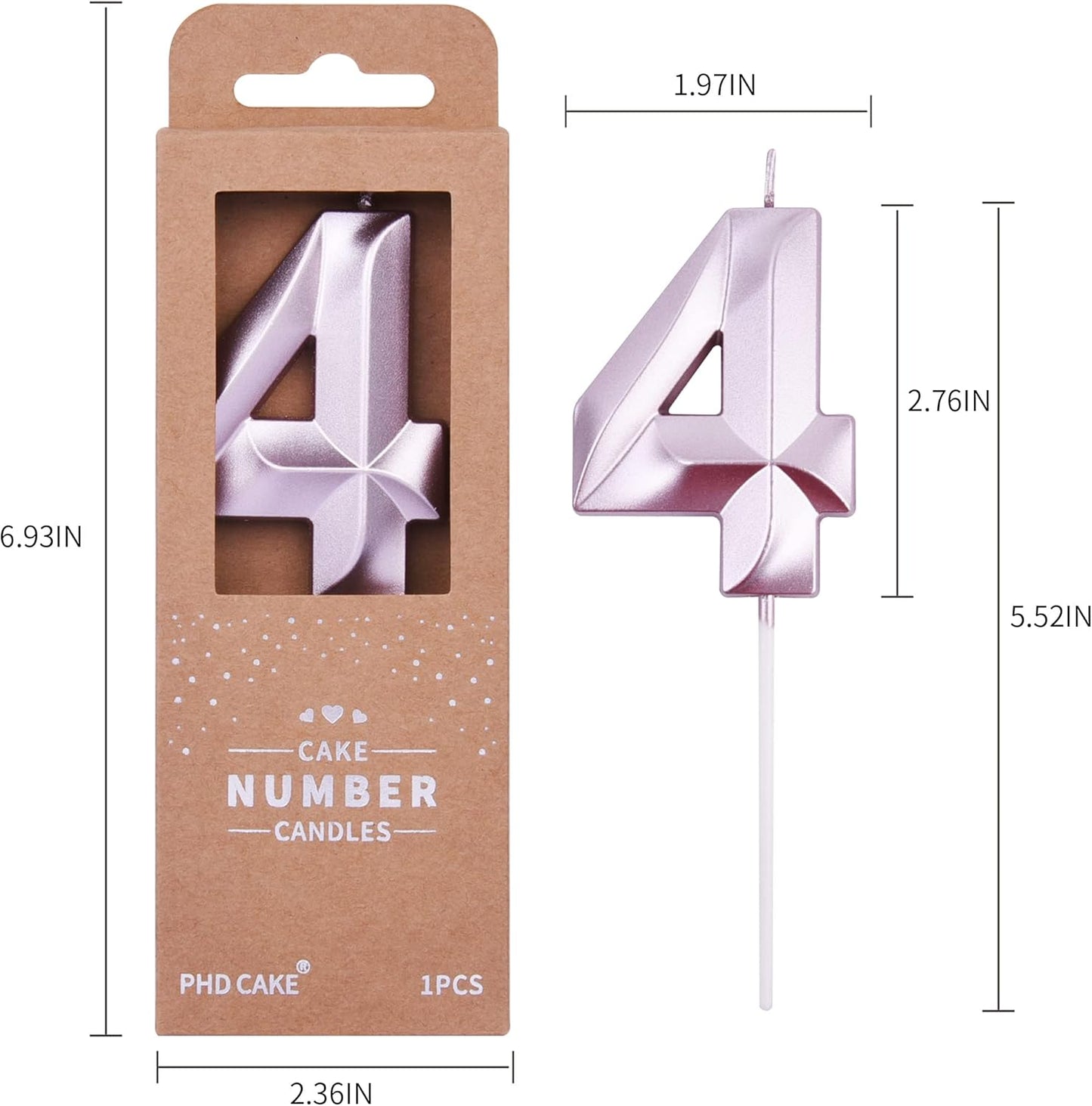 PHD CAKE 2.76 Inch Diamond Rose Gold 4 Number Birthday Candles, Rose Gold Number Candles, Cake Number Candles, Party Celebration