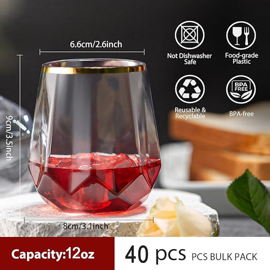 40 Pack Plastic Wine Glasses, 12Oz Origami Disposable Wine Glasses Unbreakable Clear Plastic Cocktail Glasses Recyclable Shatterproof Reusable Wine Cups