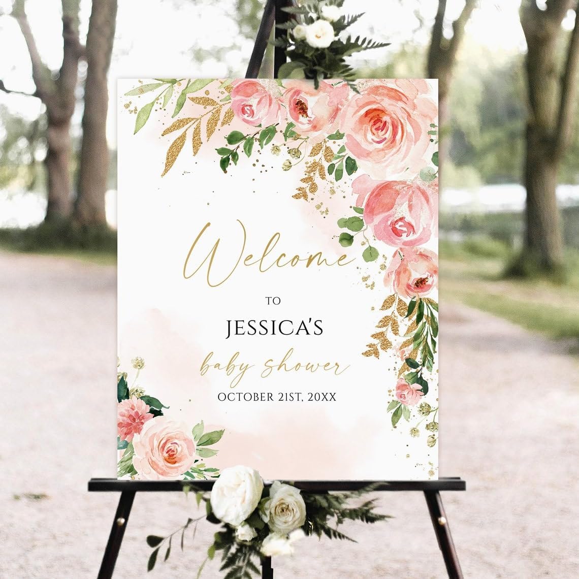 Generic Baby Shower Welcome Sign, Floral, Pink, Rectangular, Full Size, Portrait, Modern, 1 Count