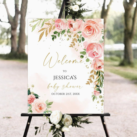 Generic Baby Shower Welcome Sign, Floral, Pink, Rectangular, Full Size, Portrait, Modern, 1 Count