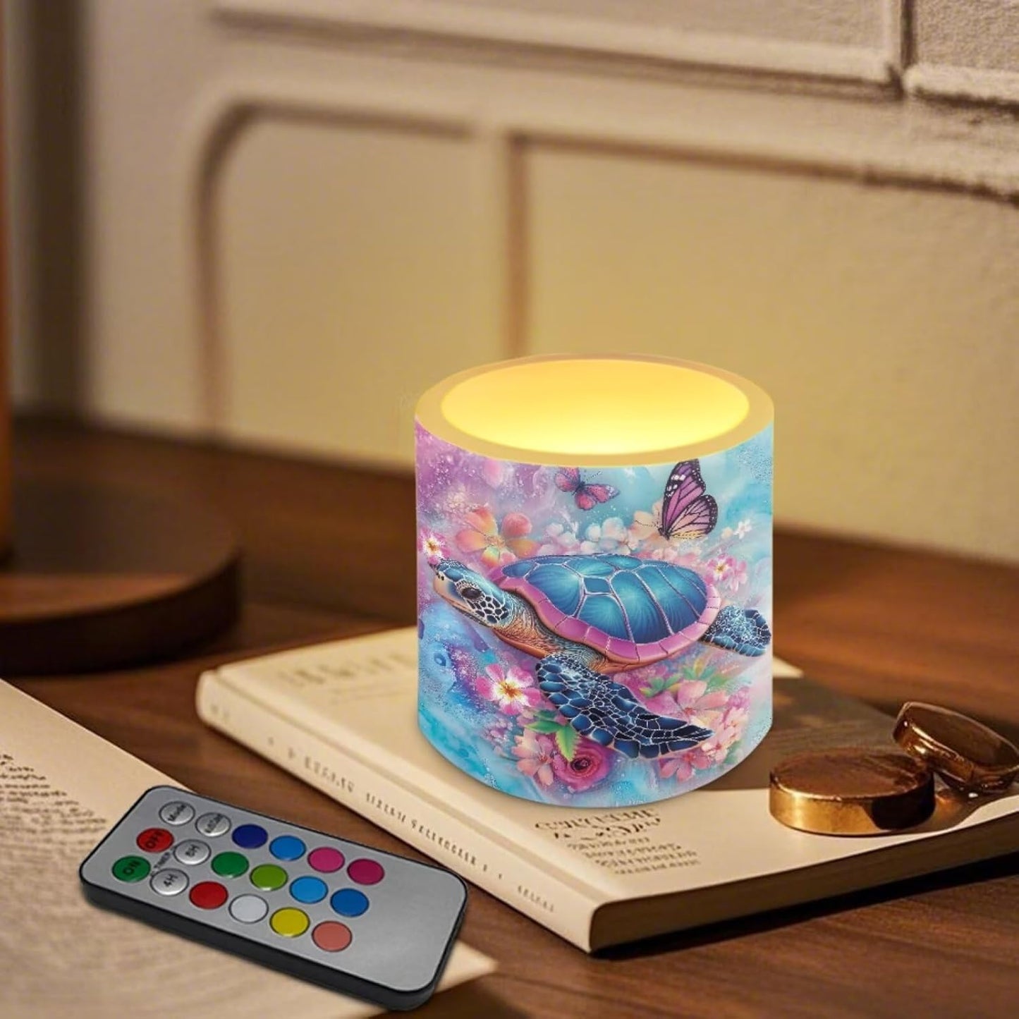 Poceacles Flameless LED Candles Set of 4 Battery Operated Candles with Remote and Timer, Realistic Flickering Tealights for Indoor Outdoor Decor, Sea Turtle Butterfly Flower Marble Violet Blue