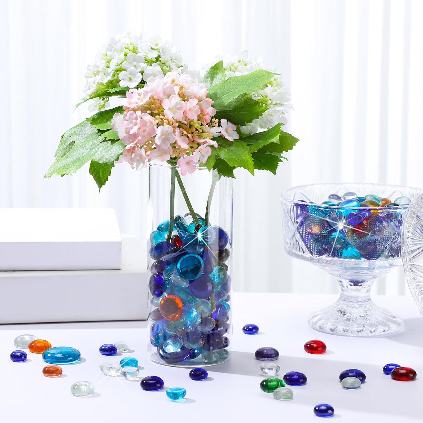 Honeydak 300 Pcs Flat Glass Marbles for Vases Glass Pebbles Floral Fish Tank Rocks for Vases Table Scatter Aquarium Decor (2.4LB) (Colorful)