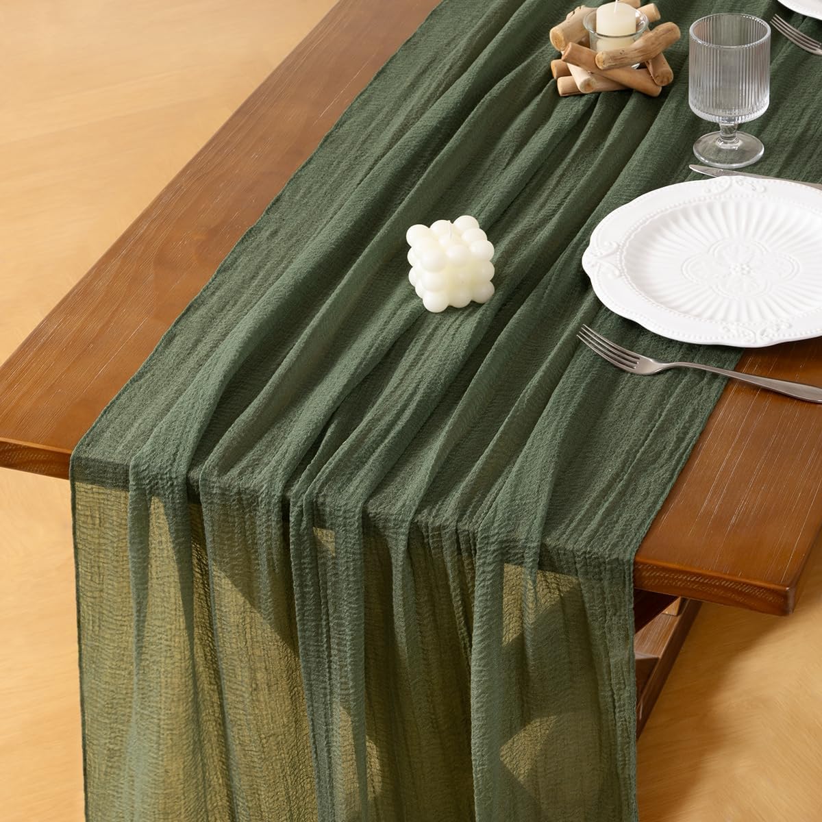 Socomi Green Cheesecloth Table Runner Olive Fall Thanksgiving Gauze 120 Inch Rustic Boho Cheese Cloth Runner for Wedding Party Baby Bridal Shower Centerpiece Decoration Holiday Home Decorations