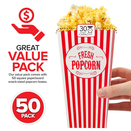 [50 Pack] Movie Theater Popcorn Boxes Disposable Red & White Striped - 30 oz Capacity - Vintage Snack Box Concession and Carnival Party Supplies, Individual Popcorn Bucket Containers
