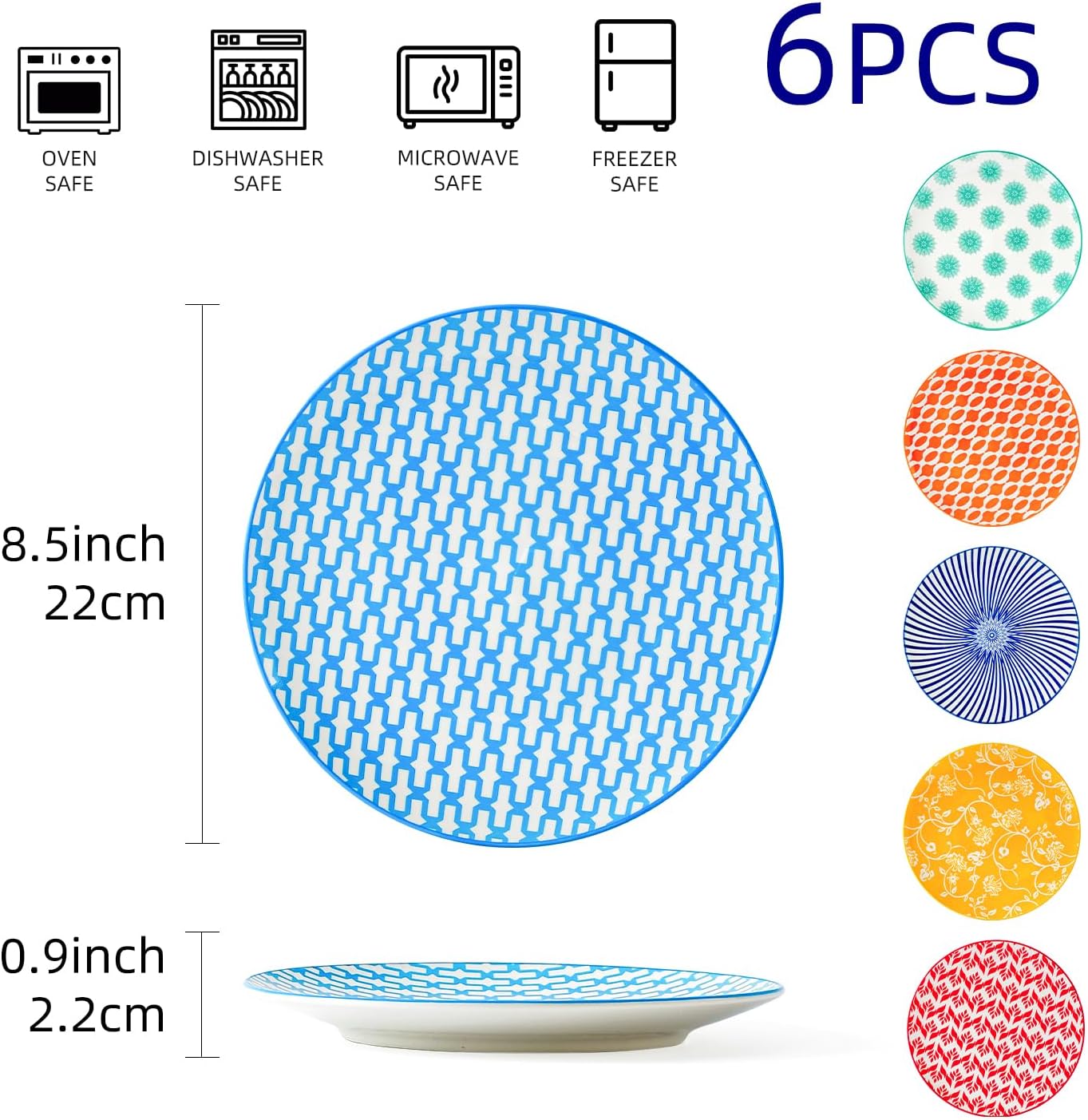 Ceramic Salad Plates Set - 8.5 Inch Small Round Dinner Dishes for Dessert Pasta Appetizer Sandwich - Scratch Resistant Porcelain Microwave Dishwasher Safe - Set of 6 - Assorted Colors