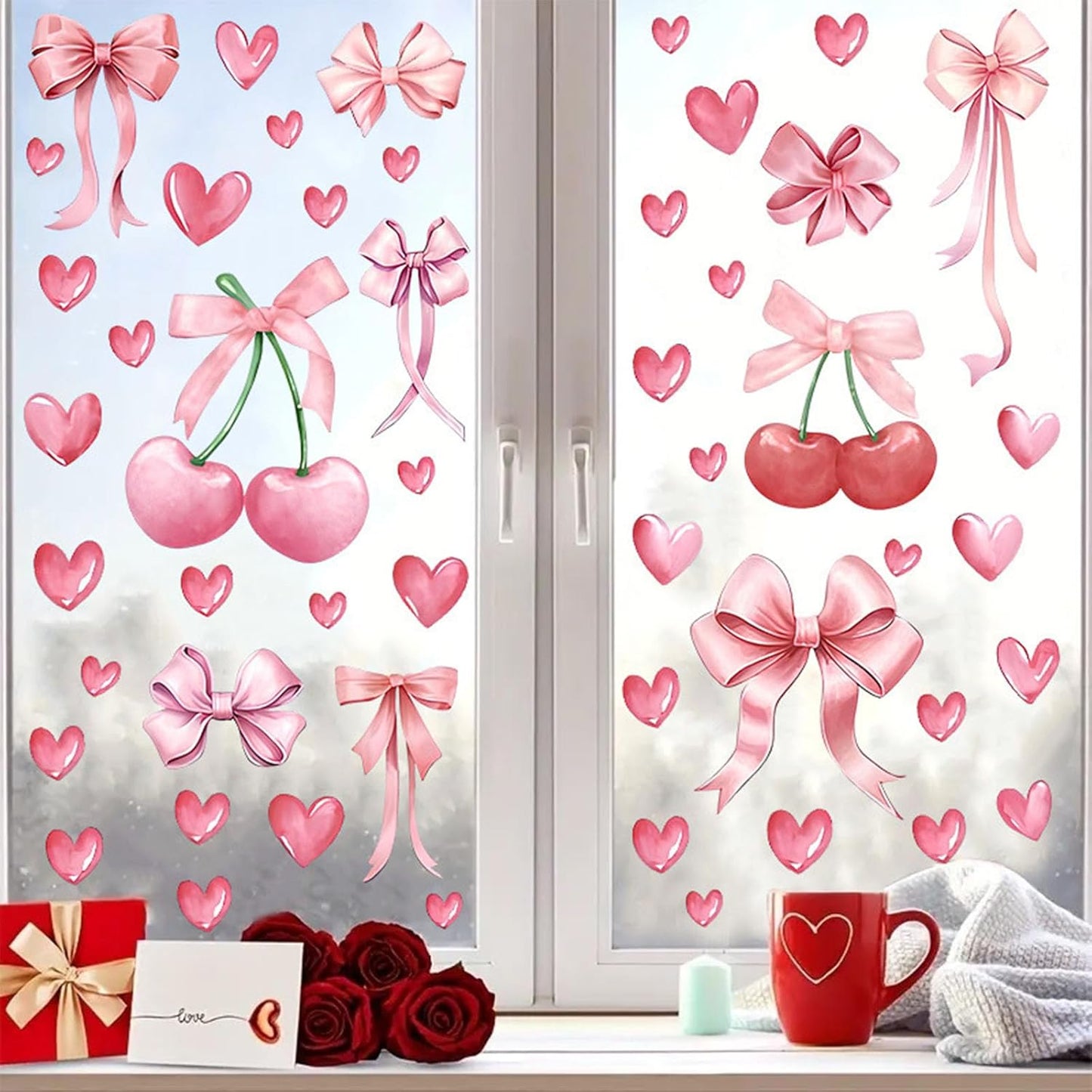 58pcs Bowtie and Cherry Room Decor Pink Wall Stickers and Decals for Bedroom Bathroom and Living Room Cherry Wall Sticker and Decal Bow Decor