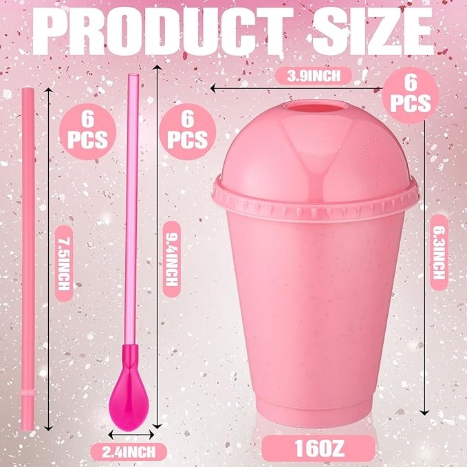 6 Set Slushie Cups with Dome Lids and Straws Detachable Spoon Straws Reusable Plastic Iced Coffee Cups Smoothie Tumbler for Birthdays Summer Party Supplies(Pastel Pink,16 oz)