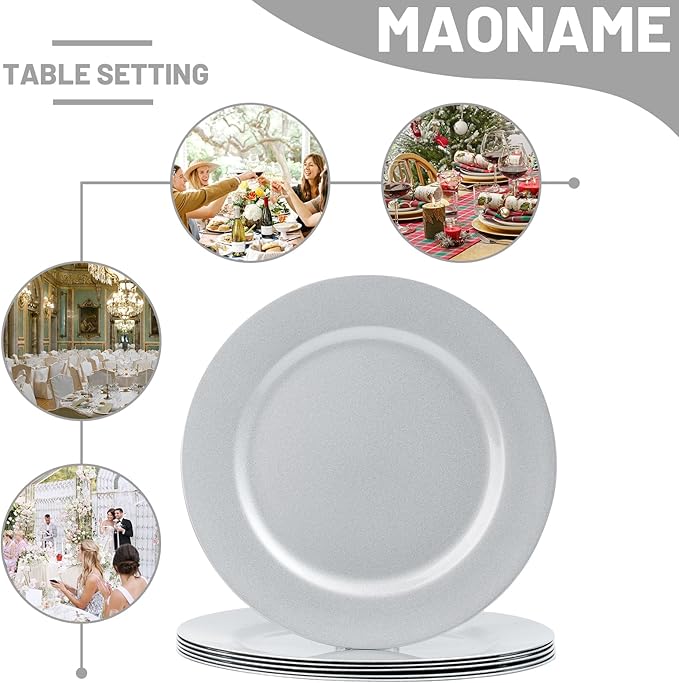 MAONAME Silver Charger Plates Set of 6, 13-Inch Round Plate Chargers for Dinner Plate, Plastic Table Chargers for Wedding Decor, Party