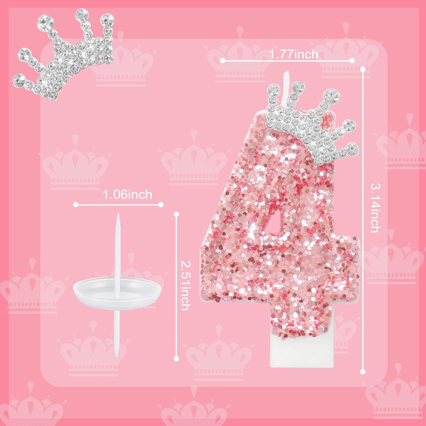 Ceya Number 4 Birthday Candles,Pink Crown Candle for Cake, Sparkling Number Glitter Candle 3.14inch Cake Topper,4st Birthday Decorations for Girl Women Reunions Anniversary Party Supplies