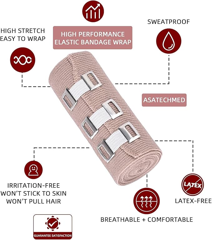 FRESINIDER Elastic Bandage Wrap 4 Pack(2 X 3 + 2 X 4 Wide Rolls) + 24 Clips | Stretch Compression Bandage Stretches up to 15ft | Ideal for Medical, Sports, Sprains, Calf, Ankle & Foot