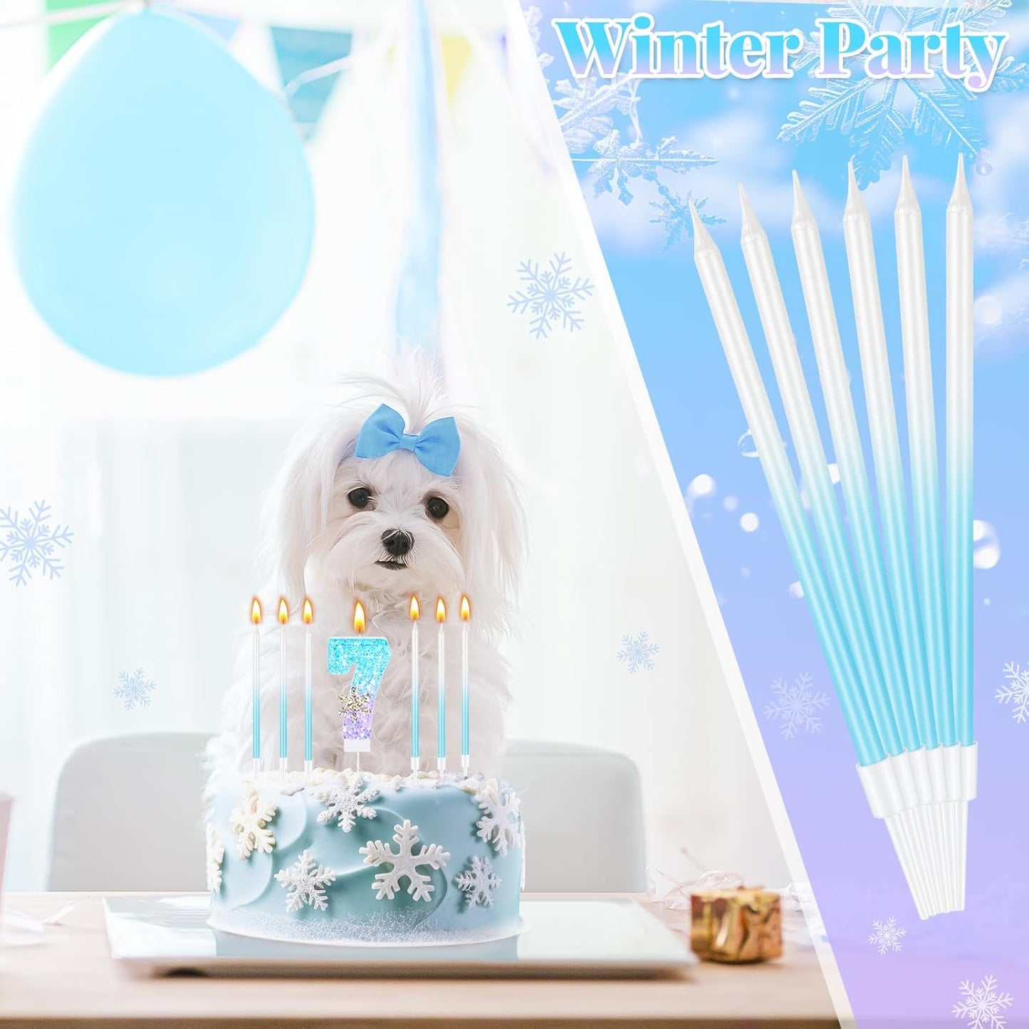 MTLEE Number 7 Birthday Candle Blue Snowflake with 6 Long Thin Cupcake Candles Blue Sparklers Glitter Number Happy Birthday Cake Topper Decorations for Winter Party Supplies