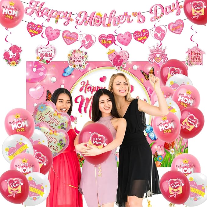Mother's Day Decorations Includes Banner,Balloons,Backdrop,Hanging Swirls,Honeycomb,Balloon Ribbon for Mother's Day Party Decor Mothers Birthday Party Supplies