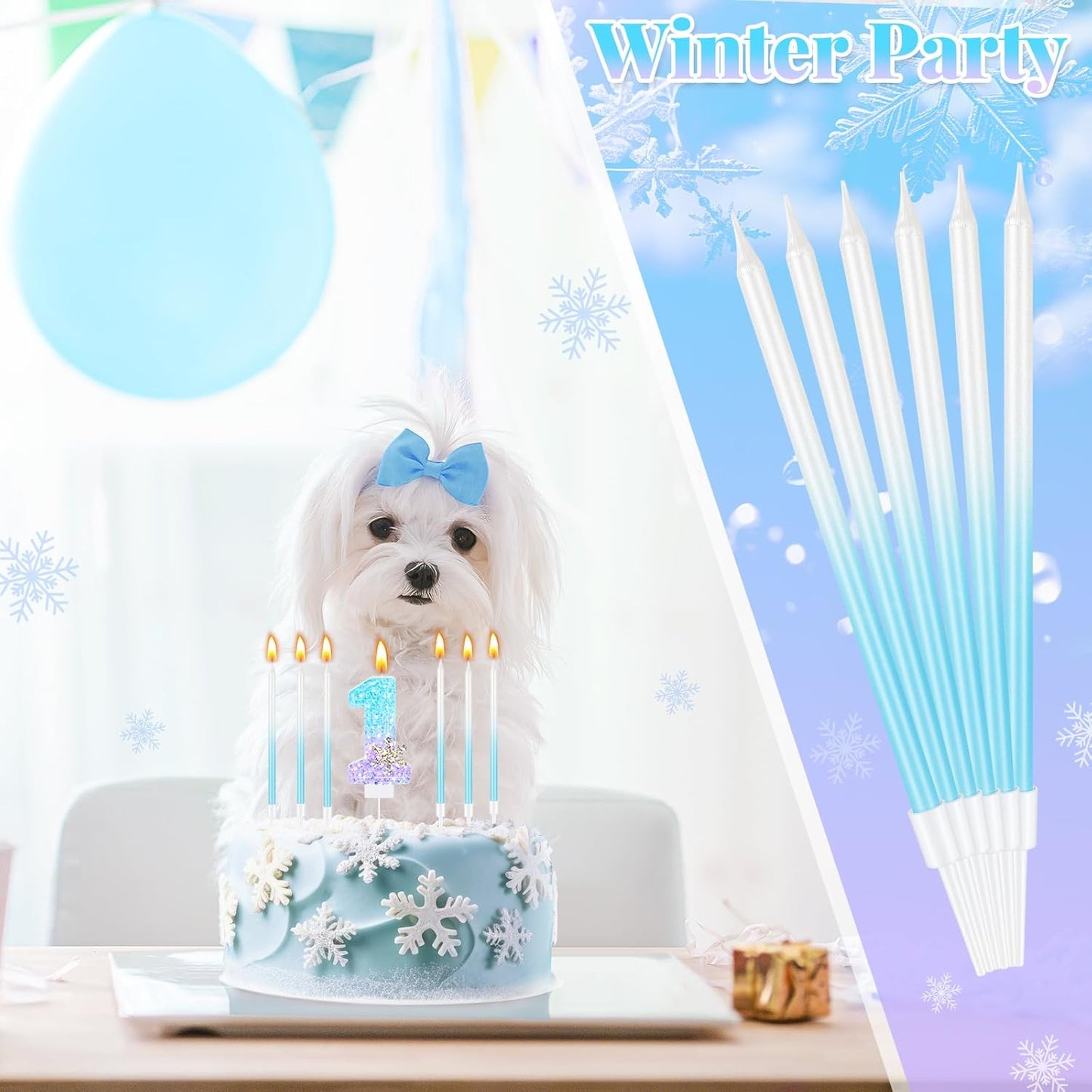 MTLEE Number 1 Birthday Candle Blue Snowflake with 6 Long Thin Cupcake Candles Blue Sparklers Glitter Number Happy Birthday Cake Topper Decorations for Winter Party Supplies