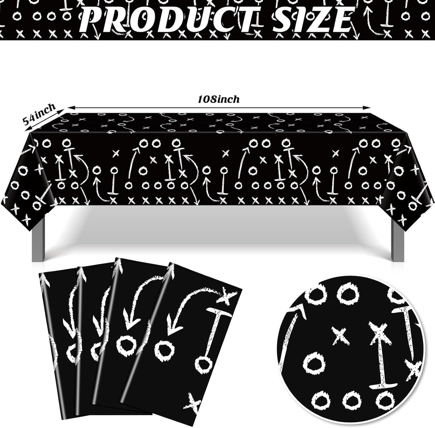 4 Pack Football Tablecloths, Football Themed Tablecloths Party Favor Supplies, Disposable Plastic Rectangle Table Covers for Sports Birthday Party Decoration, 108 x 54 Inch(Black)
