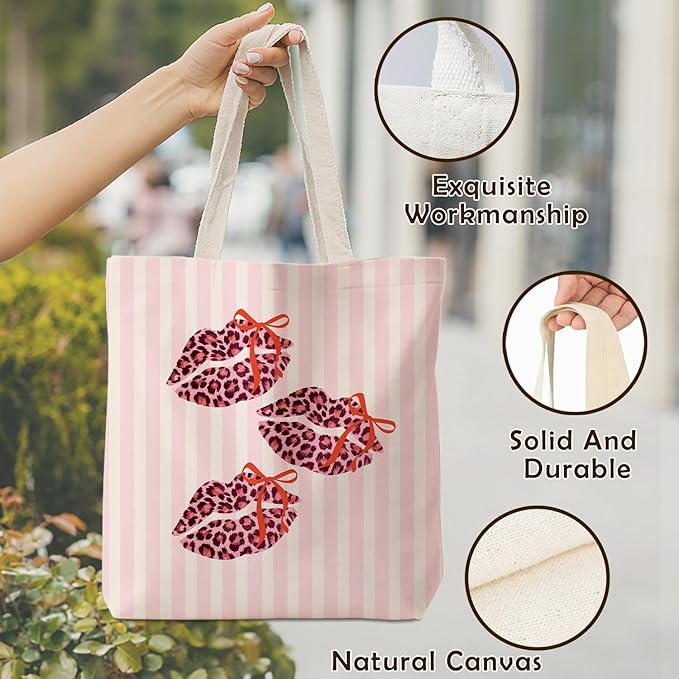 Coquette Bow Pink Leopard Lip Tote Bag for Women,Trendy Cheetah Print Canvas Tote Bag for Girls,Girly Leopard Lip Print Aesthetic Reusable Shopping Grocery Bags Party Favors