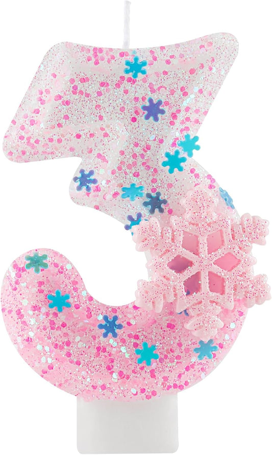 Pink Frozen Snow Themed Birthday Candles,Pink Snowflake Number 3rd Birthday Candle for Party Supplies,Winter Frozen Birthday Party Number 5 Cake Topper Decorations