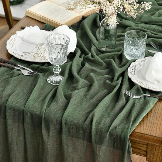 Artoid Mode Boho Forest Green Gauze 3 Pieces Wedding Table Runner, 120 Inch Birthday Fabric Kitchen Dining Holiday Table Decor for Home Party Indoor