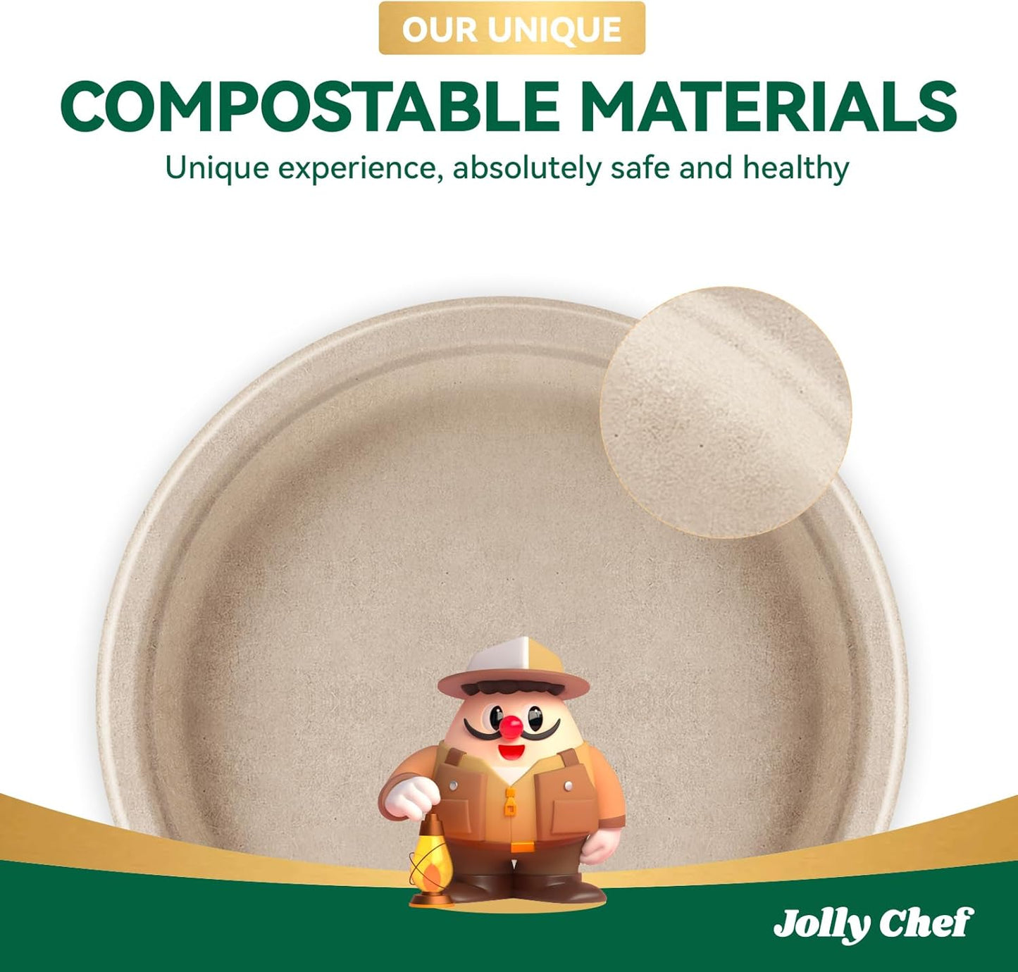 JOLLY CHEF Compostable Heavy Duty Plates 9 Inch [300 Pack] Eco-Friendly Disposable Natural Paper Plates Bagasse Biodegradable Bulk for Party Dinner Sugarcane Fibers Thanksgiving Day (Brown)