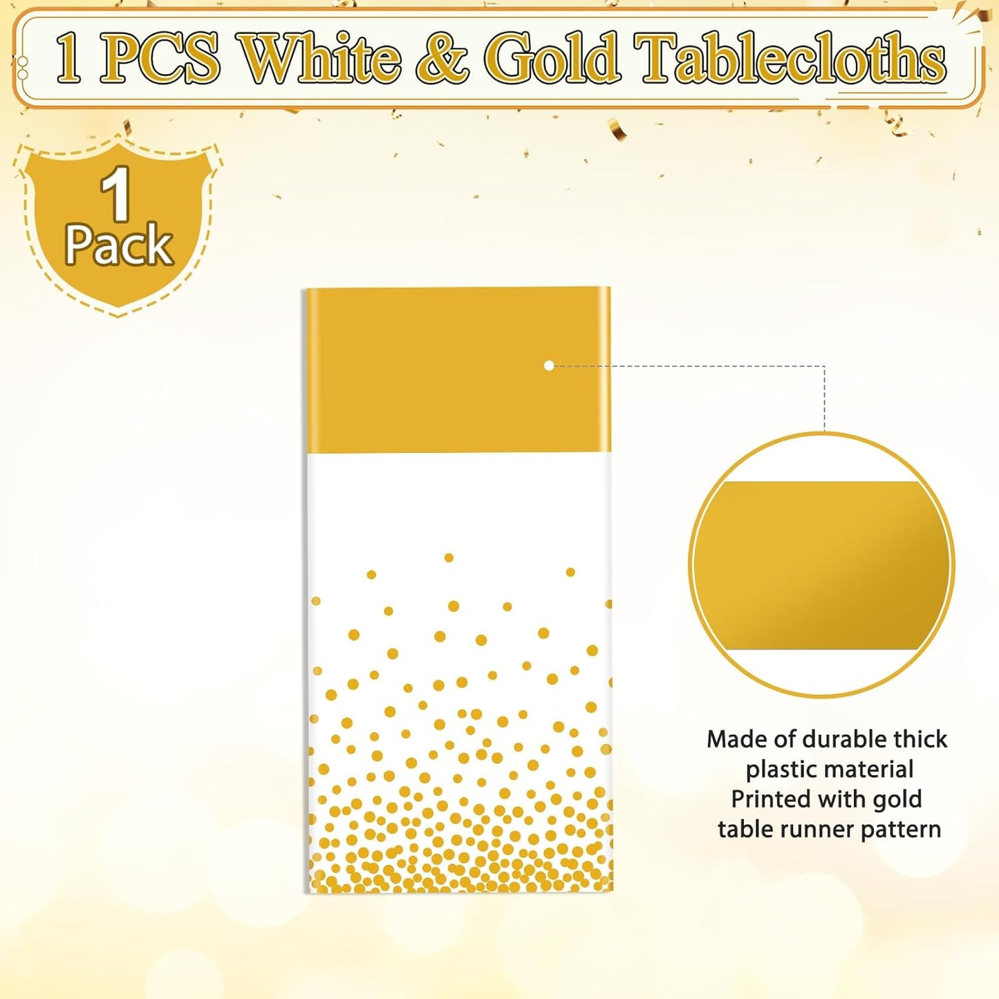 1Pcs White and Gold Tablecloth Party Decorations,Plastic White Table Cloth Printed Gold Table Runner Disposable Rectangle Tables Cover for Birthday Wedding Anniversary Graduation Party,54 x108 Inch