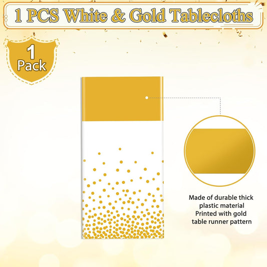1Pcs White and Gold Tablecloth Party Decorations,Plastic White Table Cloth Printed Gold Table Runner Disposable Rectangle Tables Cover for Birthday Wedding Anniversary Graduation Party,54 x108 Inch