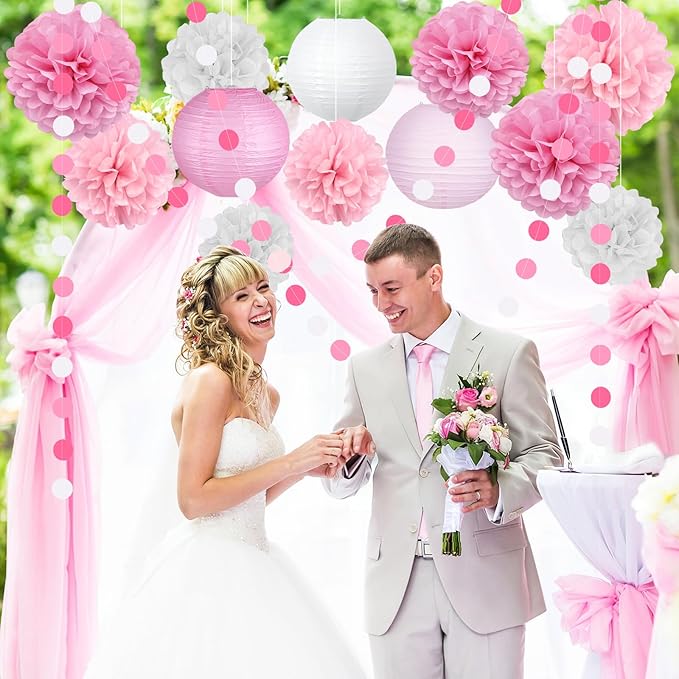 14 Pcs Pink Party Decorations Kit - Tissue Pom Poms, Lanterns & Polka Dot Garland for Girls Birthday, Baby Shower, Bachelorette, Princess Theme, Bridal Shower, Valentine's & Mother's Day