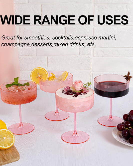 Ciaell 12PCS Plastic Ribbed Martini Glasses - 10 Oz Pink Disposable Coupe Glasses with Stem - Heavy Duty Margarita Cups for Bars, Cocktails, Whiskey, Parties & Wedding