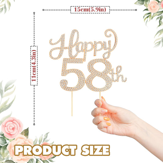 Happy 58th Birthday Decorations,58th Birthday Gold Rhinestone Cake Topper - Cheers to 58 Years Old Bday Party Metal Sparkly Cake Centerpieces Sign.