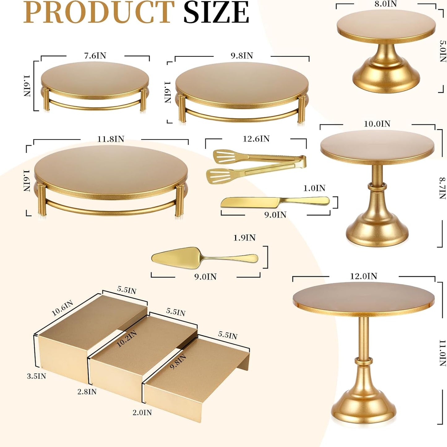 12 PCS Gold Cake Stand Set with Gold Pedestal Cake Stand and Cake Cutter Pie Spatula, Dessert Table Display Set for Wedding, Party, Birthday, Baby Shower, Event Bridal Celebration