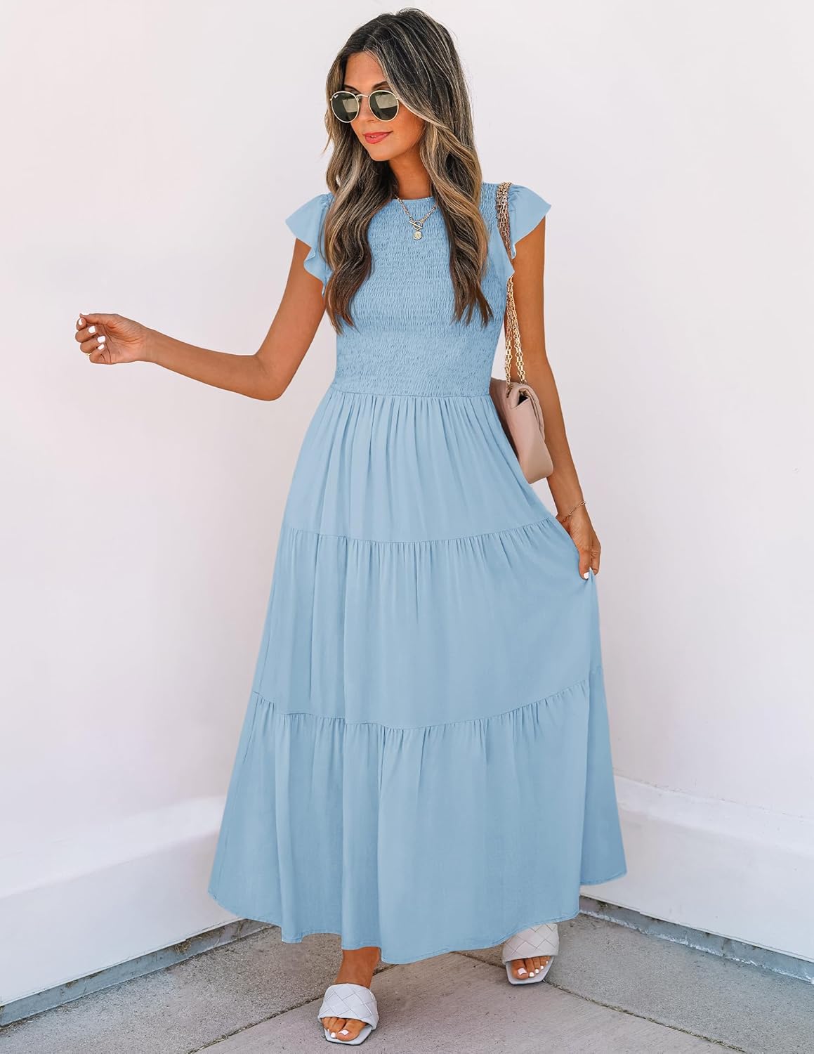 ZESICA Women's 2025 Summer Casual Flutter Short Sleeve Crew Neck Smocked Elastic Waist Tiered Midi Dress