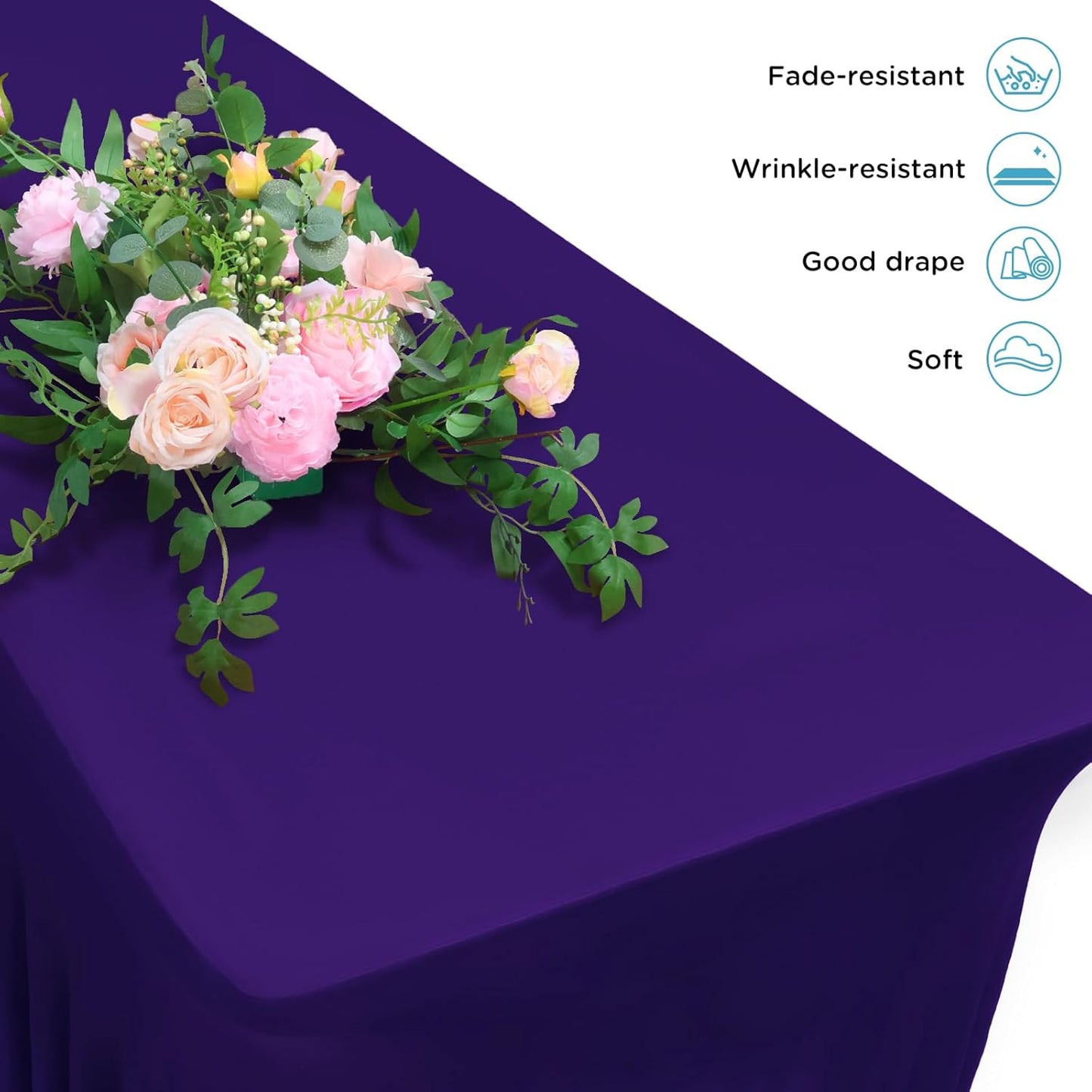 Table Skirts for 6ft Rectangle Tables - 2PCS Purple Table Covers for 6 Foot Tables, Wrinkle Resistant Ruffles Elastic Table Cloths and Table Skirt for Banquets/Weddings/Parties/Birthday