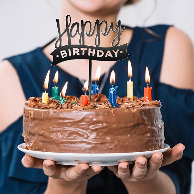 6 Pcs Acrylic Happy Birthday Signs - Black Cake Toppers for Cake Decorations - Personalized Cupcake Toppers & Inserts