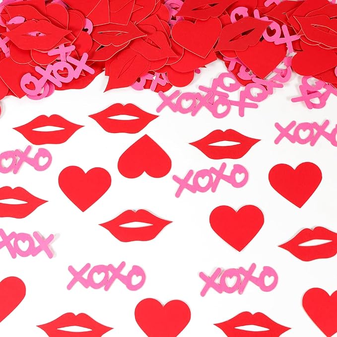 Hot Pink XOXO Letters with Red Lips & Hearts Confetti - 200-Piece Romantic Party Decor, Biodegradable Paper Mix for Valentine's Day, Wedding, Anniversary Table Scatter