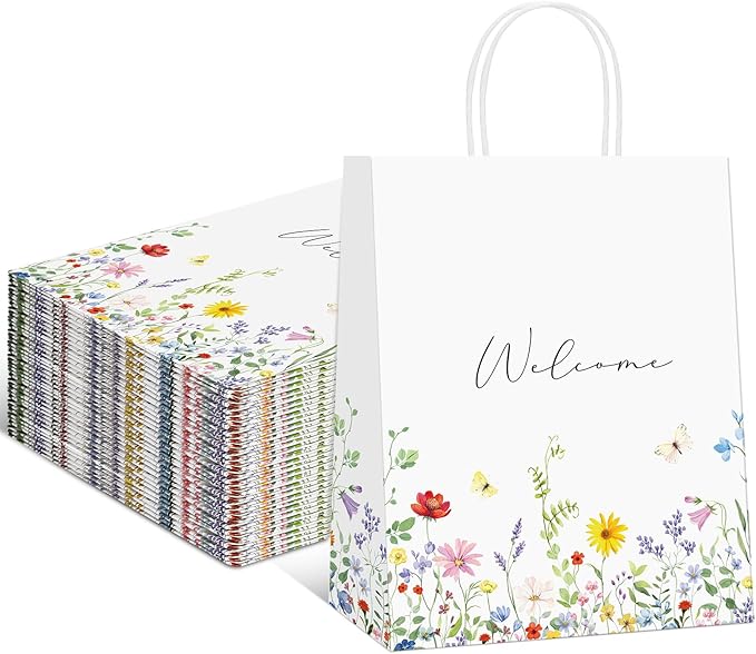 Sweetude 50 Pieces Wildflower Welcome Bags for Wedding Guests Gift Paper Bridal Baby Shower Favor Wedding Welcome Bags with Handles Wildflower for Retail Party Shopping