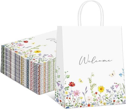 Sweetude 50 Pieces Wildflower Welcome Bags for Wedding Guests Gift Paper Bridal Baby Shower Favor Wedding Welcome Bags with Handles Wildflower for Retail Party Shopping