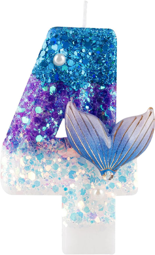 Sparkler 4 Birthday Number Candles,Blue Purple Pearls Mermaid Tail Number Birthday Candles for Girls Women Birthday Cakes Mermaid Themed Birthday Decorations Party Favors Number 4 Candle Cake Topper
