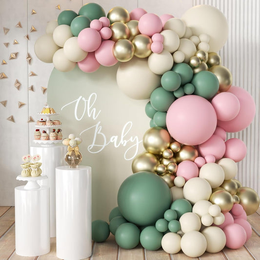 Sage Green Pink Balloon Arch Kit, 166Pcs Olive Green Blush Pink Metallic Gold White Sand Balloons Garland for Baby Shower Wedding Birthday Jungle Safari Woodland Party Decorations