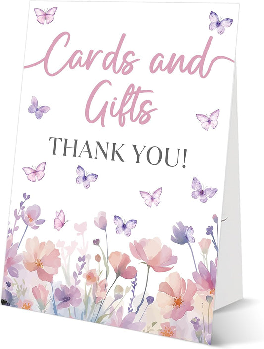 Butterfly Baby Shower Tabletop Sign, Cards and Gifts, Include One 8×11 Sign with holder, Purple Butterfly Gender Reveal Party Decoration Supplies - FL30