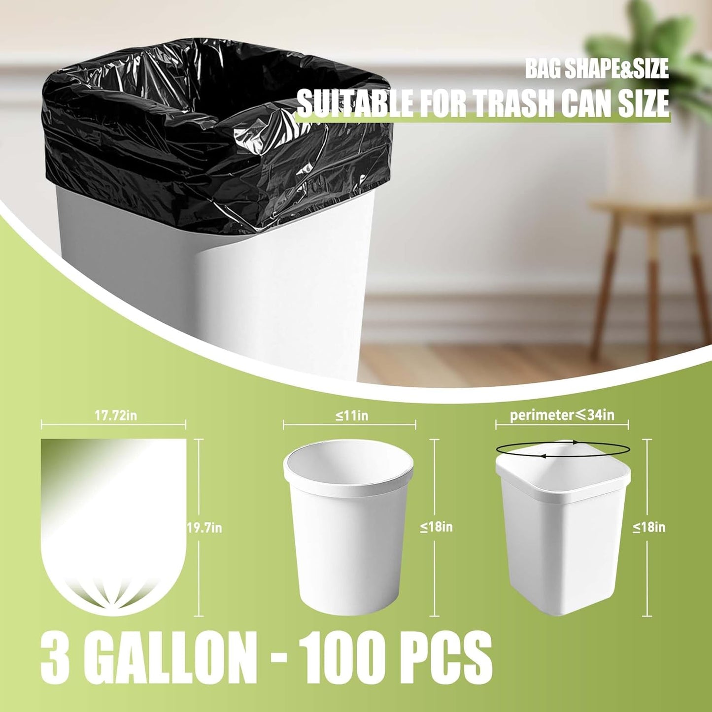 Zhuqing 3 Gallon Trash Bags, 10L Biodegradable Garbage Bags, 100 Counts Compost Wastebasket Liners Bags for Kitchen Bathroom Office, Black