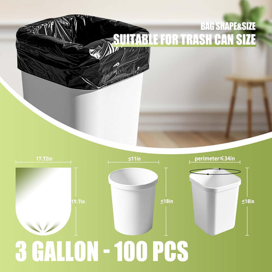 Zhuqing 3 Gallon Trash Bags, 10L Biodegradable Garbage Bags, 100 Counts Compost Wastebasket Liners Bags for Kitchen Bathroom Office, Black