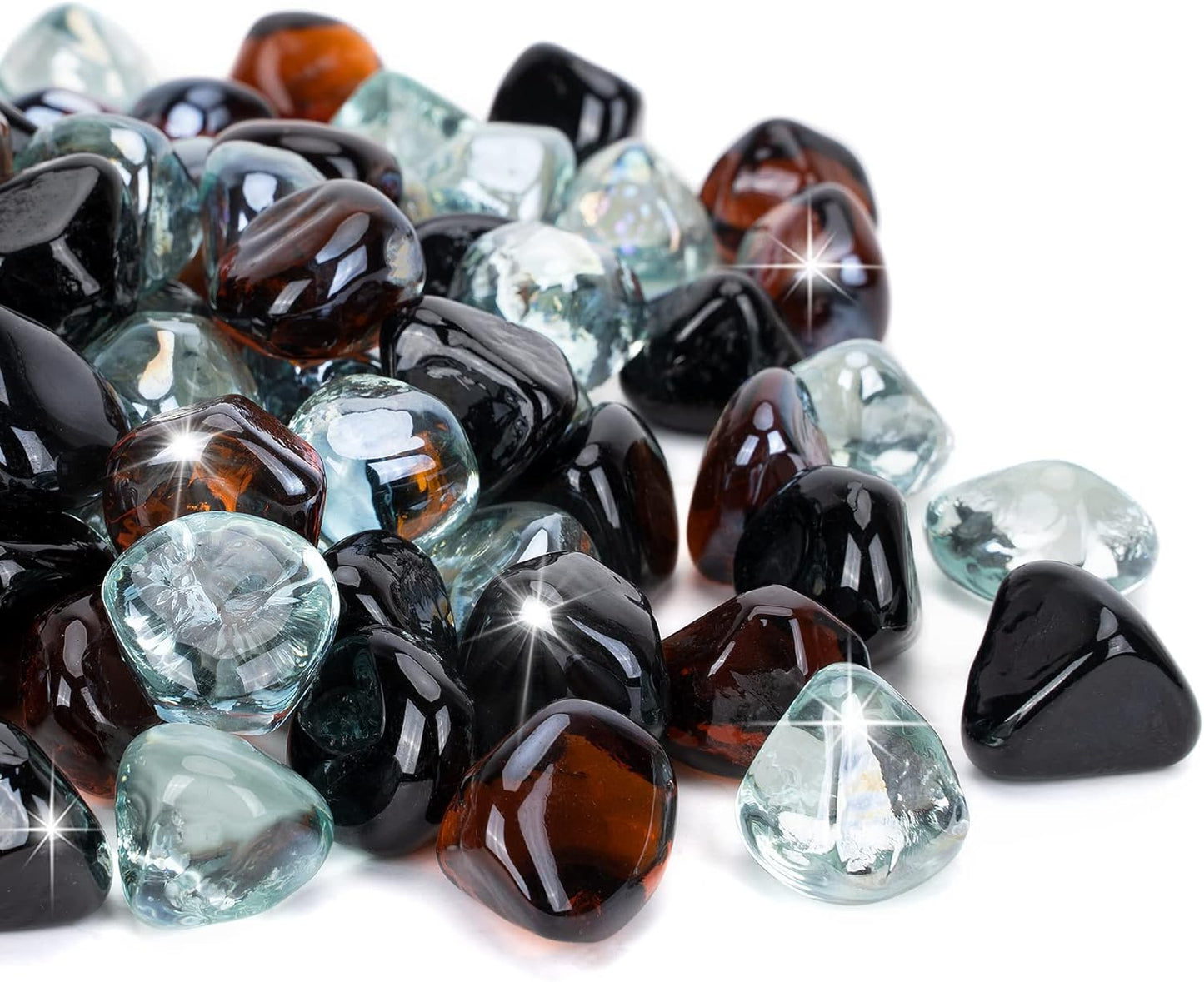 Mr. Fireglass 10 Pounds Blended Fire Glass Diamonds for Fireplace Fire Pit & Lanscaping - 1 inch High Luster Fire Rocks with Mixed Colors (Onyx Black + Crystal Ice + Amber)