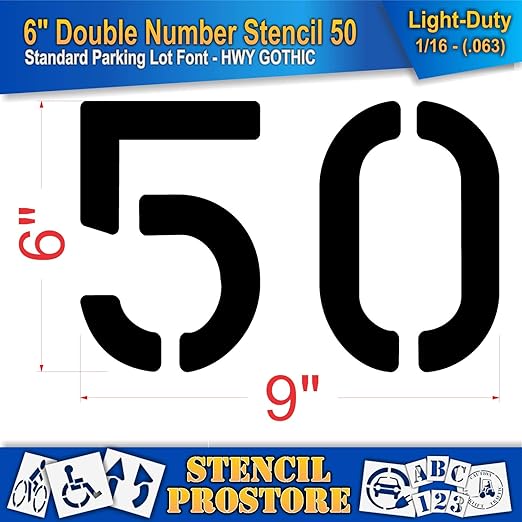 Pavement, Curb, and WheelStop Stencils - 6 inch Double Number Stencil - (50) - 6" x 9" x 1/16" (63 mil) - Light-Duty